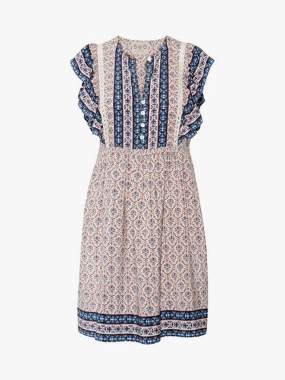 Sea New York Ruffled Crochet-Trimmed Mini Dress in Printed Silk